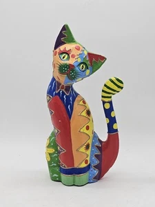 Bunte Katze Kunsthandwerk Handgeschnitzt Holz Skulptur - Bild 1 von 4