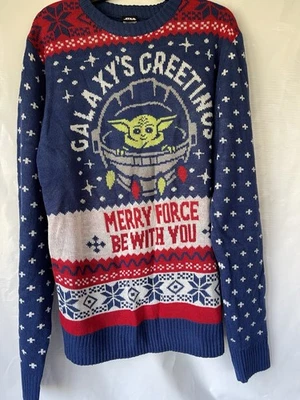 Star Wars Baby Yoda Galaxy's Greetings Merry Force Ugly Christmas Sweater L Blue - Image 1 of 4
