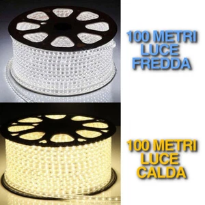 STRISCIA LED DA 100 METRI IMPERMEABILE IP68 LUCE BIANCA CALDA FREDDA 5050 220V - Foto 1 di 3