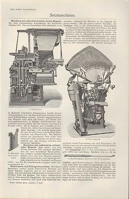 2-seitiger Druck 1910: SETZMASCHINEN. Technik Maschinen Auto Physik Mathe - Bild 1 von 2