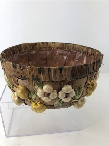 Wicker Baskey Embroidered, Plastic Lining 7 1/4” X 4”. Vintage Cover
