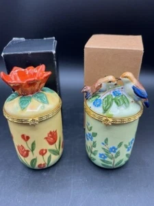VINTAGE Hinged Porcelain Trinket Boxes (2) Candle Birds/Floral Brand New BOMBAY - Picture 1 of 7