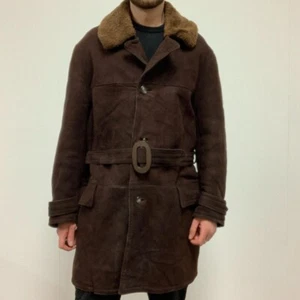 Genuine Sheepskin Shearling Buttoned Belted Coat Brown Size XL - Picture 1 of 6