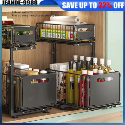 2 Tier Under Sink Storage Organiser Shelf Spice Rack Pull Out Drawer Kitchen NEW - Image 1 of 4