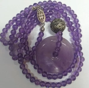 Amethyst Chinese Pendant Necklace w/ Hills Tribe Filigree Sterling Silver Bead - Picture 1 of 10
