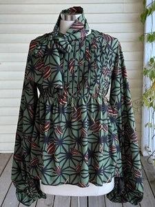Stella Jean Ascot Tie Blouse US 2 XS Green Novelty Print Top Bishop Sleeve - Picture 1 of 10