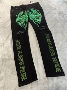 Mackeen Jeans Mens Size 38 Wings Studded Logo Spell Out Distressed Black NWT - Picture 1 of 8