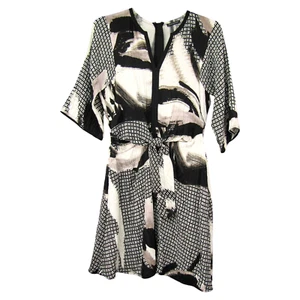 Josie Natori creme schwarz gemischter Druck Seidenmischung Kleid Größe 8 vorne Taschen zum Binden - Bild 1 von 12