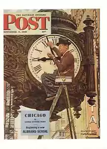 Saturday Evening Post November 3, 1945 Norman Rockwell Cover Print Chicago Clock - Foto 1 di 2