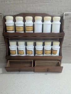 Vintage Empty Milk Glass Spice Jars (12 jars) in Wood Display Rack - Picture 1 of 7