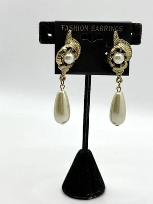 Ivory Faux Pearl Tear Drop Pierced Dangle Gold Tone Earrings NOS - Image 1 of 4