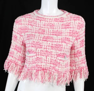 CHANEL 2024 24P Pullover rosa & weiß Baumwolle Tweed Fransen Halbarm 38 - Bild 1 von 8