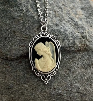 Praying Angel Cameo Necklace, Cream on Black Vtg Pendant, Any Length Chain - Image 1 of 3