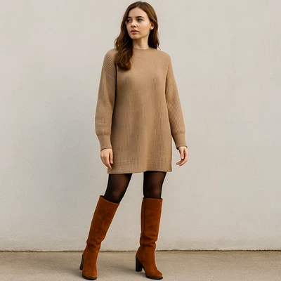 Botas hasta la rodilla de gamuza sintética marrón de bambú para mujer 7 Boho Y2K retro tacón apilado Foto 1 de 4