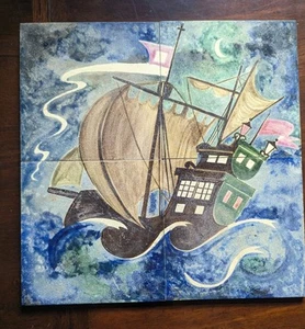 Vintage Set Of 4 Nautical Ship Ocean Scene Hand Painted Bonna Tiles 6x6 Rare - Picture 1 of 4