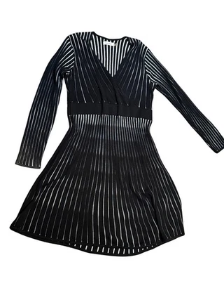 Calvin Klein Fit & Flare Knit Sweater Dress Size L Striped V-Neck Midi A-Line - Image 1 of 4
