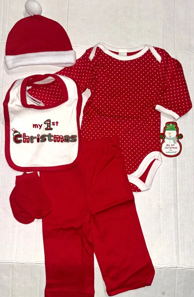 BABY GEAR 5 Piezas Set Rojo/Blanco/Lunares 1ª NAVIDAD Motivo Talla 0-3 Meses Foto 1 de 1