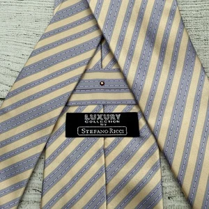 STEFANO RICCI Luxury Collection Silk Necktie ITALY Striped Cream Blue Crystal - Picture 1 of 9
