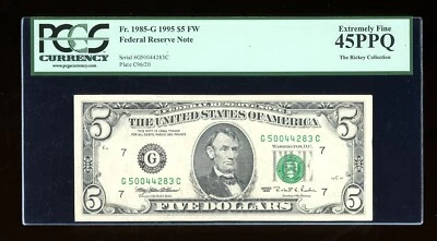 DBR 1995 $5 FRN Chicago Fr. 1985-G PCGS 45 PPQ Serial G50044283C - Image 1 of 2