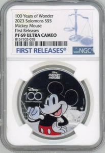 2023 Isola Salomone, Disney 100 anni Topolino Proof 1 oz moneta d'argento NGC 69 FR - Foto 1 di 5