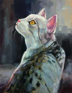 Dipinto olio originale gatto maculato grigio impressionismo dipinto a mano 14x11 pollici - Foto 1 di 6