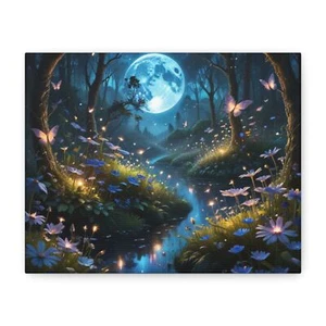 Moonlit Forest Canvas Art Print | Enchanted Fantasy Art | Gift | Wall Art - Picture 1 of 16