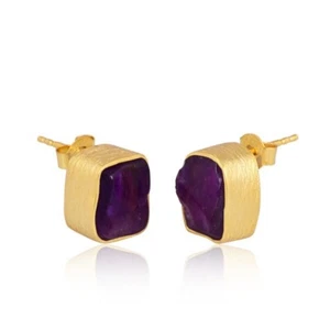 Handmade Amethyst Stud Earrings Gold Plated Raw Gemstone Purple Crystal Studs - Picture 1 of 6