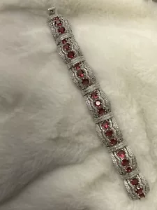 💝Silver Tone CZ & Simulant Ruby 7" Bracelet - Picture 1 of 6