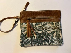 Myra Bag Tooled Leather and Canvas Floral Wristlet Purse Makeup Bag - Picture 1 of 5