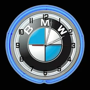 19" BMW Sign Blue Double Neon Chrome Clock Garage Bavarian Motor Works - Picture 1 of 2