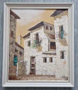 Spanish White Houses Oil On Canvas Signed Gelazzo Framed Handmade Vintage VGC - Picture 1 of 19