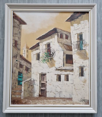 Gelazzo firmado al óleo sobre lienzo casas blancas españolas enmarcado hecho a mano de colección en muy buena condición Foto 1 de 4