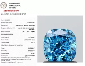 1.01 CT Cushion Lab Grown Diamond For Ring IGI Certify Fancy Vivid Blue VVS2 - Picture 1 of 8