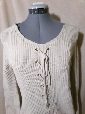 VENUS Lace-up Sweater Top XS Beige V-neck pullover Cotton crochet Pretty! LongSl - Image 1 of 4