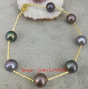 7.5-8" AAA+ 9-10mm natural round Tahitian pearl bracelet 14k Gold women bracelet - Picture 1 of 6
