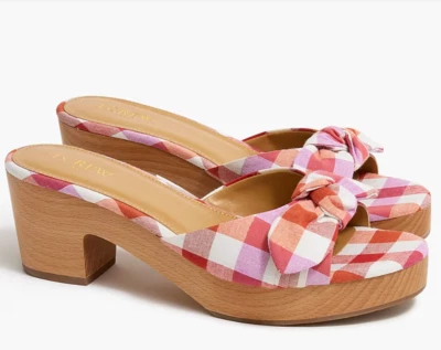 NIB J. CREW MADRAS PLAID WITH BOW PLATFORM MULE SANDALS SIZE 8 PREPPY CLASSIC - Image 1 of 4