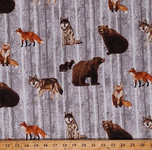Cotton Woodland Animals Bears Foxes Wolves Forest Fabric Print by Yard D483.52 - Picture 1 of 1