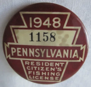 Org Vintage 1948 Pennsylvania PA Resident Fishing License Button Low Number 1158 - Bild 1 von 3
