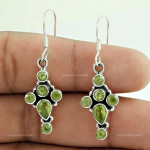 Peridot Gemstone 925 Silver Elegant Dangle Drop Daughter Handmade Bezel Earrings - Picture 1 of 4