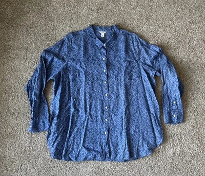 LL Bean Women's 3X Premium Washable Linen Shirt Button Front Floral Navy Blue - Image 1 of 4
