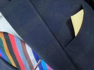 Paul Stuart navy Blue bold window pane two button silver buttons sport coat 42 R - Picture 1 of 9