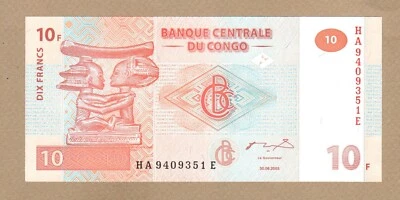 CONGO DEMOCRATIC REPUBLIC: 10 Francs Banknote, (UNC), P-93a, 30.06.2003, No Rese - Image 1 of 2