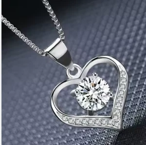 Heart Shaped Silver Zircon Pendant Necklace Inlaid Crystals Necklace 18" - Picture 1 of 5