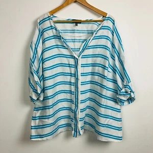 Selection by Ulla Popken Women's Striped V Neck Top Linen Blend Blue White 20/22 - Picture 1 of 5