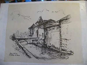 Mercier André Simon 1926-2014 Chinese Ink On Parchment Farm Castle Barn - Picture 1 of 3