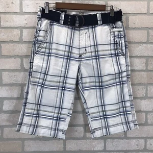 BUCKLE BLACK Tailored Impulse Shorts Men's 28 White Blue Plaid Belted - Picture 1 of 12