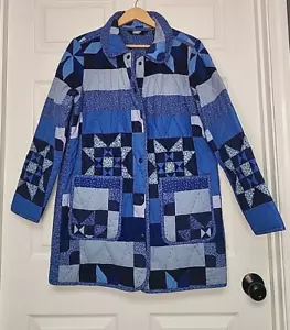 33. Giacca cappotto trapuntato Lands End donna grande blu patchwork Cottagecore accogliente - Foto 1 di 8