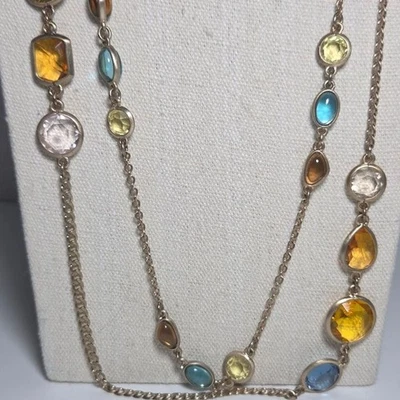 Colar Talbots estilo longo tom dourado multicolorido pedra em camadas declaração joia - Imagem 1 de 4