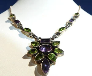 WONDERFUL STERLING SILVER 925 SIGNED PERIDOT AMETHYST NECKLACE GREAT DESIGN - Picture 1 of 5