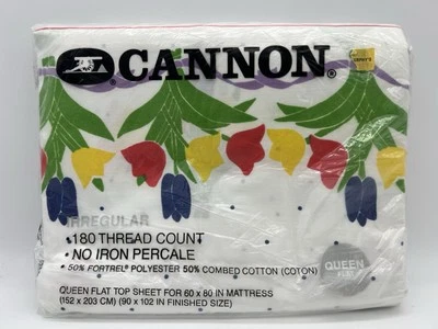 Cannon Queen Flat Sheet Tulips Cotton Blend 90” X 102” No Iron Vintage-Irregular - Image 1 of 4